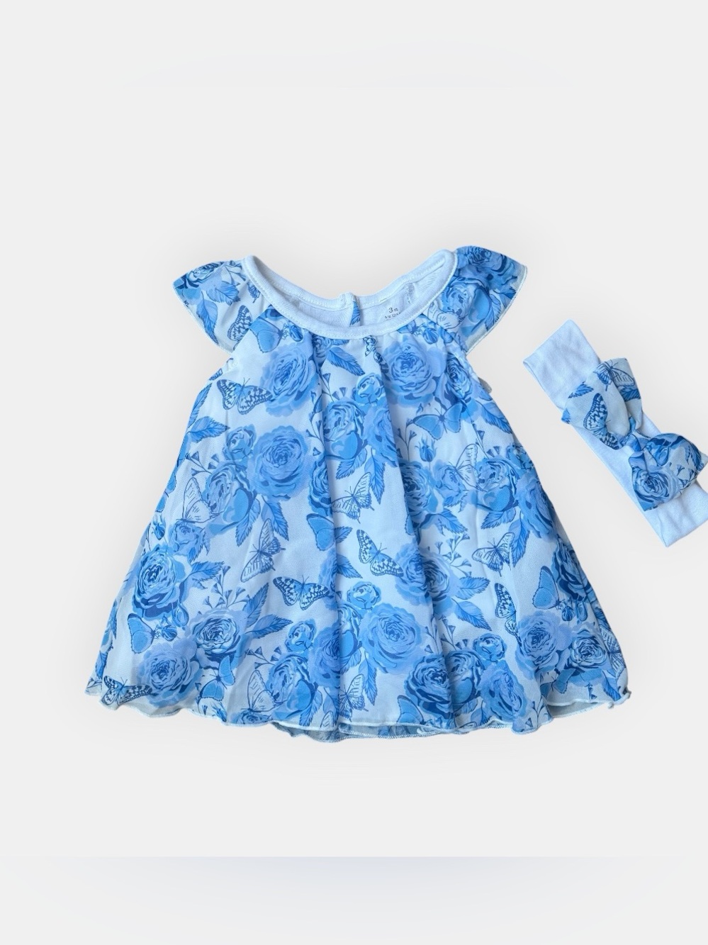 Baby Starters Blue Floral Chiffon Dress Butterfly Print Baby Girl Size 3M Set